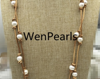 Freshwater Pearl and Leather Necklace,long leather necklace,Light Brwon,Tan Leather Pearl necklace,Leather pearl necklace,Le3-050