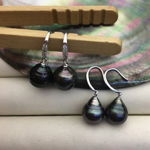 AA+ big 11-12mm Gray Green Tahitian oval pearl dangling earrings,bridesmaid earring, genuine pearl for wedding anniversary,SE3-109-17