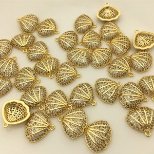 3pcs 14x14.5mm Gold Zircon Shell Charm pendant,Brass plated 14k gold,ACC-O-005