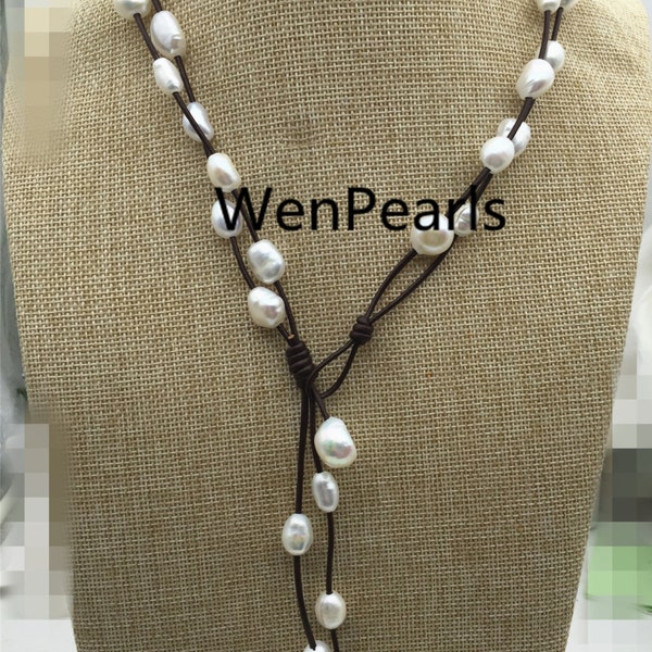 Two Rows Baroque pearl leather necklace,Pearl and Leather Lariat Necklace,Leather Pearl necklace,Leather baroque pearl necklace,Le3-040