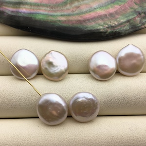 1 pair AAA 13-15mm White Coin Freshwater Pearl White loose Beads Pair,wholesale,ZS-103-37-23