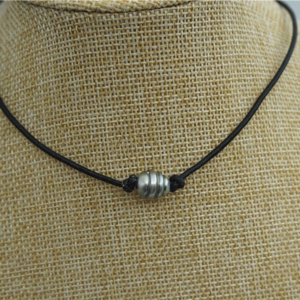 9-11mm Tahitian Leather pearl  choker Necklace, hand rolled and knotted leather necklace, Black Leather Pearl necklace, Le11-008