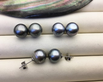 1 pair AA+ 11-12mm near round Gray Green tahitian pearl stud earrings,sterling silver,SE3-109-6