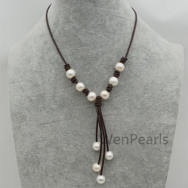 Big white pearl leather drop necklace,Pearl and Leather Lariat Necklace,Leather Pearl necklace,Le4-107