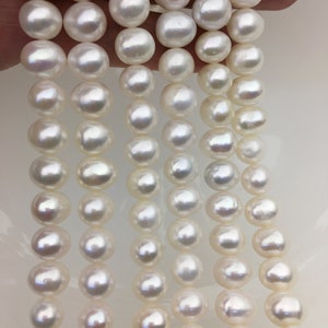 Może przedstawiać: Sznur białych pereł słodkowodnych, każda perła jest okrągła i gładka. Perły są ułożone w rzędach, tworząc piękny i elegancki wyświetlacz.