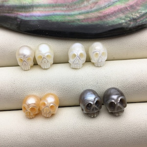 1 pair AAA 7-10mm White/Pink/Gray/Black HandMade Carved Skull Freshwater Pearl Beads For Earrings,CAC-SKU-008