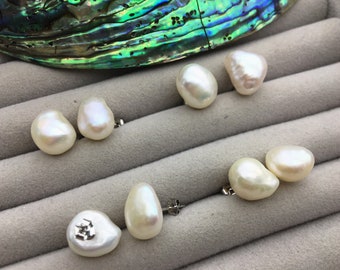 11mm big white baroque nugget Pearl Stud Earrings,freshwater pearl earrings,Wedding,classic pearl studs,SE1-069-7