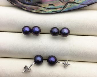 1 Pair AAA 7-7.5mm Black Round Pearl Stud Earrings,sterling