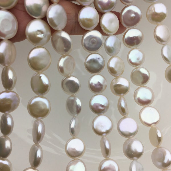 Perles d'eau douce de pièce blanche AAA + 12-14mm, perle de bricolage, perle ronde plate, COIN12-3A-3-7
