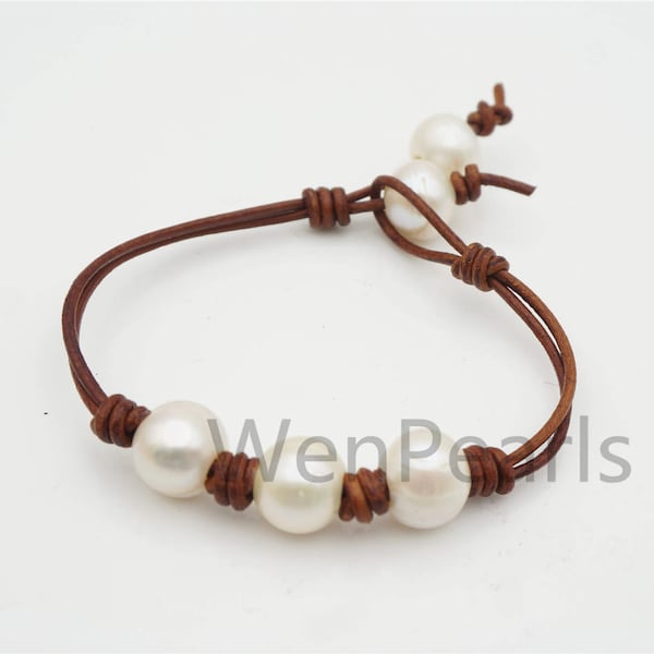 fashion jewelry,White pearl Leather Pearls Bracelet - plait leather bracelet - Select Leather Color - Genuine freshwater pearl  - Le7-131