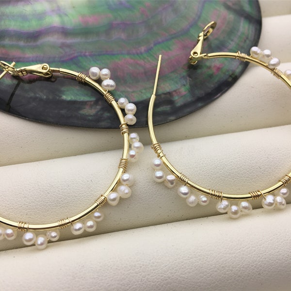 Big Hoop white tiny pearl Hook earrings,earring with tiny white Natural Pearl,SE3-120-1