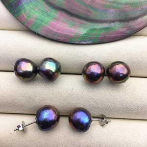 2 pairs AA+ 10-12mm black rainbow baroque near round edison pearl stud earrings,Sterling Sliver earrings,wedding pearl earrings,SE3-T9-58