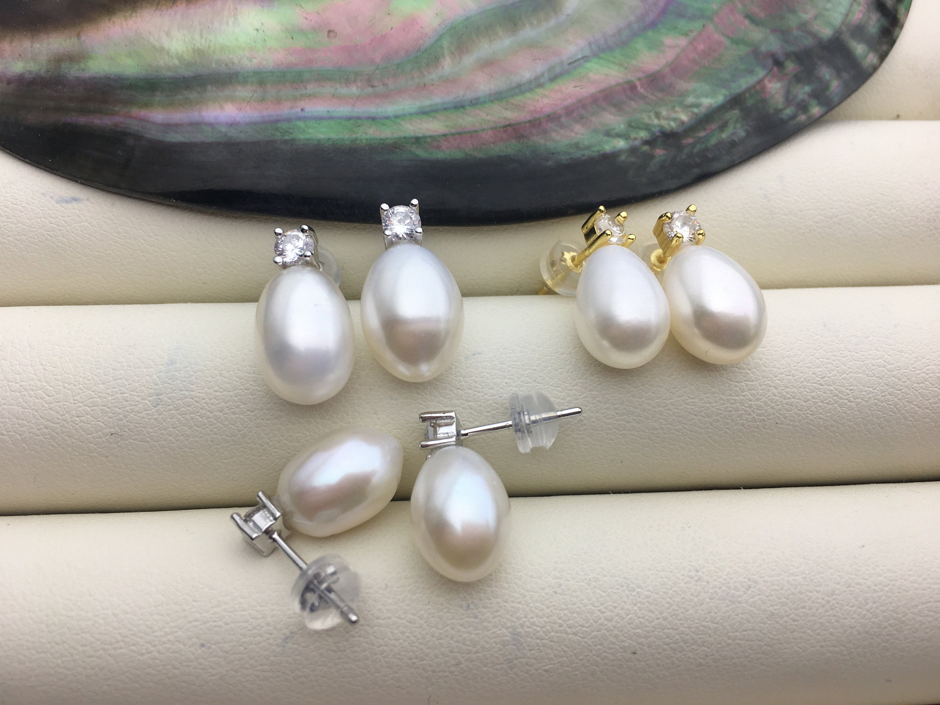Pendientes de Perlas Cultivadas Gota 7,5-8mm Plata de Ley y Circonitas
