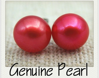 Red Pearl Studs Earrings, SELECT SIZE,Sterling Silver,Wedding,Love,Silver Post Earrings,Large Pearl Earring,SE1-020