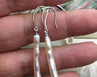 1 pair AAA 4-5x18-25mm white Toothpick pearl dangle earrings,Silver Color S925 Sterling Sliver earrings,SE3-012
