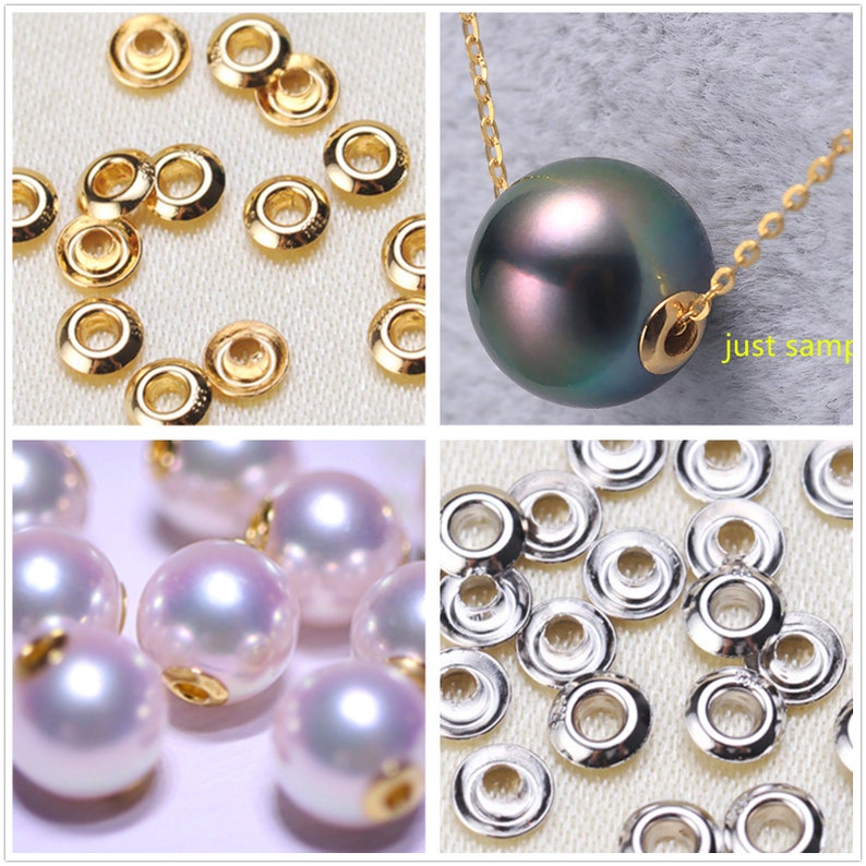 May include: Assortment of gold and silver jump rings, pearl beads, and a black pearl pendant on a gold chain. The pendant reads "just sample".
