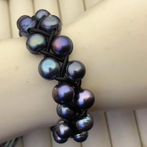 Two rows blue pearl bracelet,Leather Pearls Bracelet, Handmade Cuff,White Pearls on Brown Leather,Black leather bracelet,Le7-096