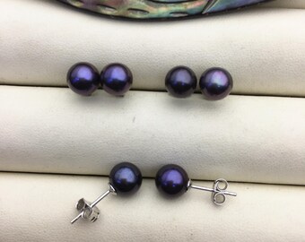 1 Pair AAA 7-7.5mm Black Round Pearl Stud Earrings,sterling