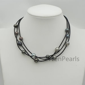 Tahitian Pearl and Leather Necklace ,Floating pearl and leather Necklace, Multi-Strand  Pearls necklace ,Pearl and Leather necklace,Le11-024