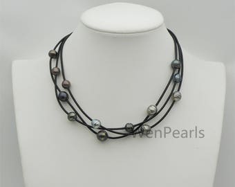 Tahitian Pearl and Leather Necklace ,Floating pearl and leather Necklace, Multi-Strand  Pearls necklace ,Pearl and Leather necklace,Le11-024