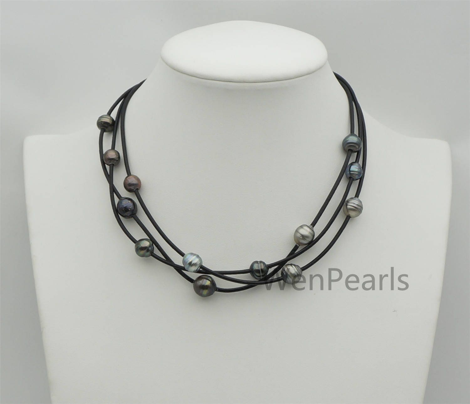 ★PEARLY MORE★ Ball Point Leather String Necklace Tahitian Pearl and Leather Necklace ,floating Pearl and