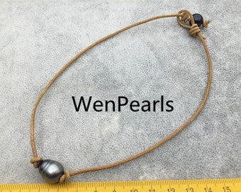 30% OFF,11-13mm big Tahitian Pearl Choker,Leather Necklace,Pearl Leather Necklace,Black Leather Pearl necklace,Le11-012