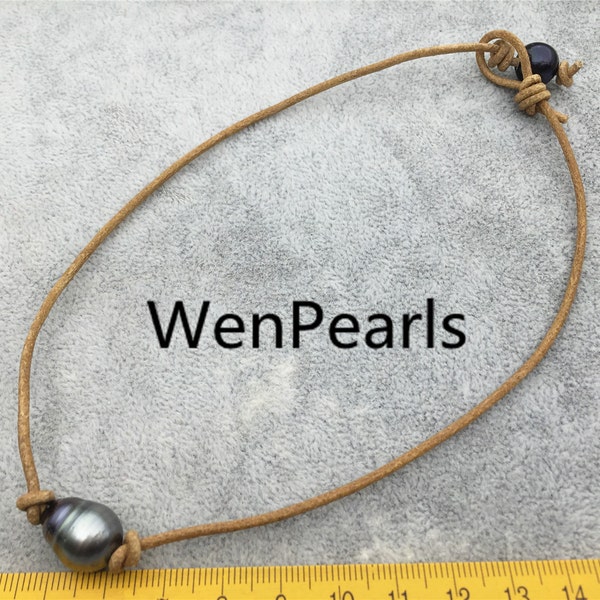 30% OFF,11-13mm big Tahitian Pearl Choker,Leather Necklace,Pearl Leather Necklace,Black Leather Pearl necklace,Le11-012