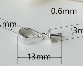 May include: Silver-toned pendant bail with a loop opening and a pin. The bail measures 13 mm long, 4 mm wide, and 3 mm high. The pin is 0.6 mm thick.