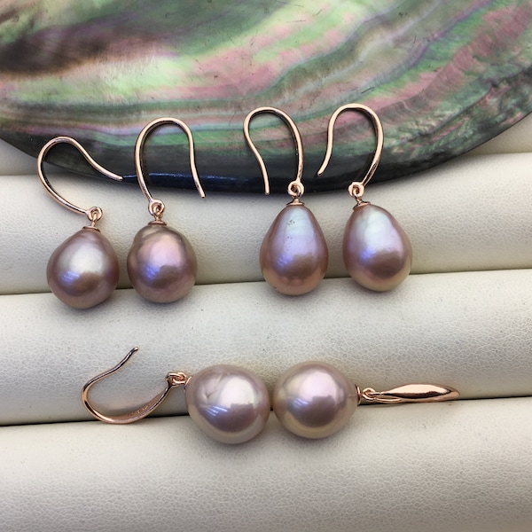 AAA 10-11mm purple teardrop edison freshwater pearl dangle earrings,sterling sliver rose plated dangle earrings,SE3-T9-19