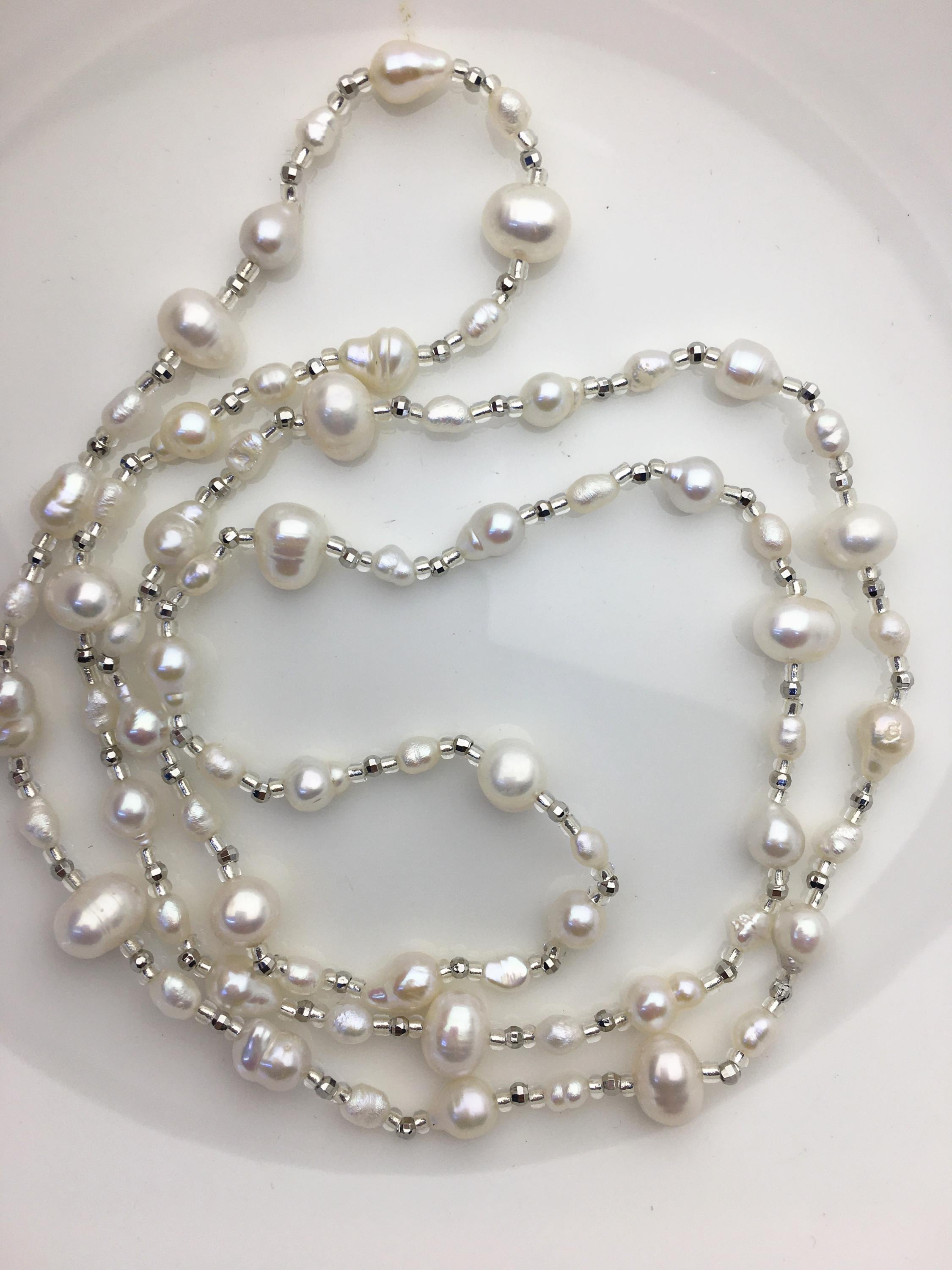 30 inch AA+ witte barokke rijstparel lange ketting, witte parelketting, NPN1-013