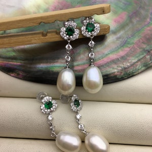AAA 9mm White rice pearl cz stud earrings,zircon S925 Sterling Sliver pearl earrings,green stone earrings,SE3-100