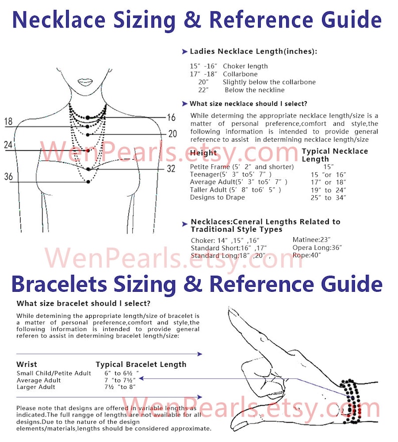 Puede incluir: Una gu&iacute;a para el tama&ntilde;o de collares y pulseras, con ilustraciones de un cuello de mujer y una mano con una pulsera. La gu&iacute;a incluye medidas en pulgadas para diferentes longitudes de collar, como gargantilla, clav&iacute;cula y debajo del escote. Tambi&eacute;n proporciona longitudes t&iacute;picas de pulsera para diferentes tama&ntilde;os de mu&ntilde;eca, incluyendo ni&ntilde;o peque&ntilde;o/adulto peque&ntilde;o, adulto promedio y adulto grande.
