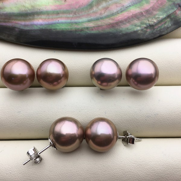 AAA 11.5-12mm natural rainbow purple near round edison pearl stud earrings,S925 Sterling Sliver stud earrings,SE3-T9-2