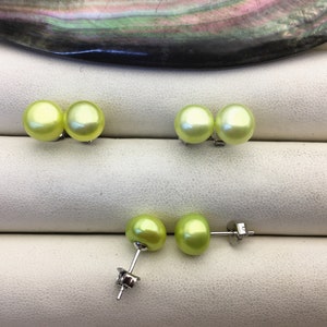 1 pair AAA 8-8.5mm Green Button Round Pearl stud earrings,Sterling Silver,SE1-T17