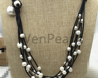 Collana galleggiante in perle e pelle, - Collana Multi-Strand Pearls - Le4-008