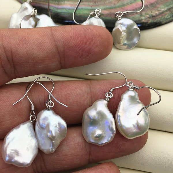 1 paire de boucles d'oreilles pendantes en perles d'eau douce keshi naturelles blanches AA + 14-17 mm, boucles d'oreilles pour femmes filles, SE3-T10