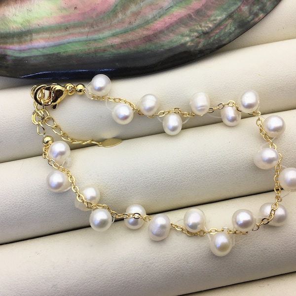 6.5+2'' white AA 5-6mm small potato pearl handmade bracelet, B8-055-10