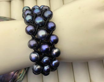 Three Rows Deep Blue Pearl Bracelet,leather Pearls Bracelet
