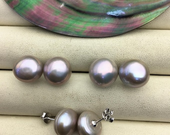 2 pairs AA+ 11.5-12mm big gray baroque round Pearl Stud Earrings,S925 sterling sliver,freshwater pearl earrings,Wedding,SE1-069-6