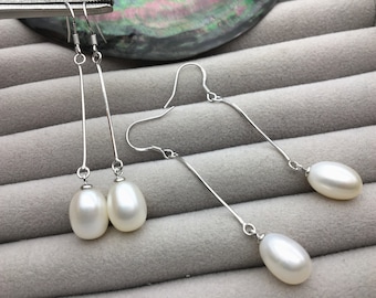 AAA White rice pearl Tassels dangle earrings,S925 Sterling Sliver pearl earrings,pearl for women,SE3-142