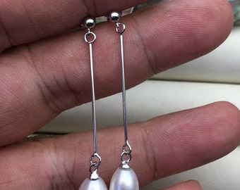 AAA 8mm White rice pearl Tassels dangle earrings,S925 Sterling Sliver pearl earrings,pearl for women,SE3-169