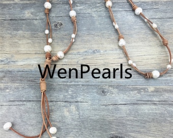 Beautiful pearl leather necklace,Leather Pearl Necklace,Pearl Leather Necklace,White Freshwater pearl,Tan color Leather necklace,Le1-045