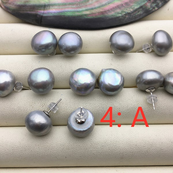 1 pair A 14-15mm Huge Gray Pearl stud Earrings, Sterling Silver,Wedding,silver jewelry,SE1-069-16