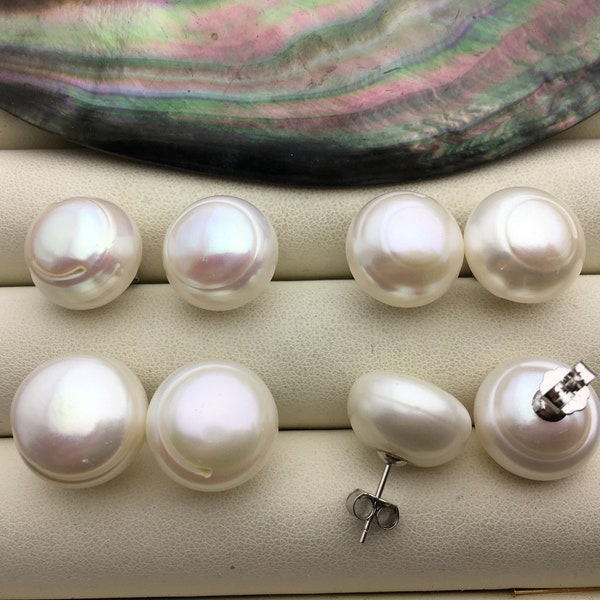 Rare!AA 14.5-15mm very big white button round Pearl Stud Earrings,freshwater pearl earrings,Wedding,SE1-069-28