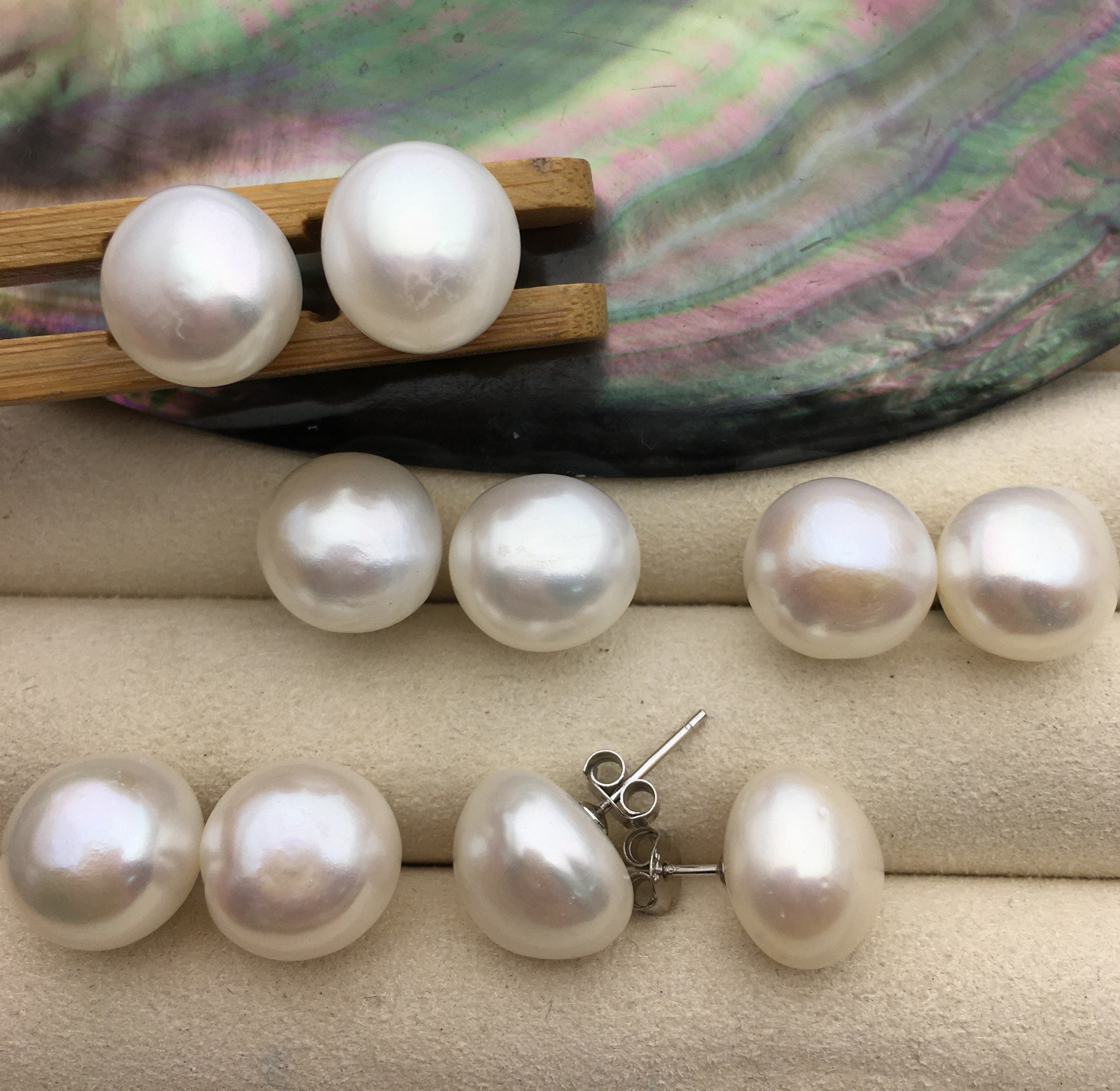 1 Pair AA 12.5-13mm Big White Nugget Baroque Pearl Stud Earrings