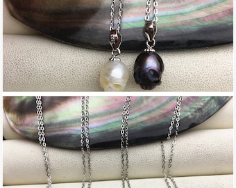 AAA 8mm white/pink/purple/gray/black handmade carved skull freshwater pearl pendant necklace,S925 Sterling silver pendant,NC1-012-9
