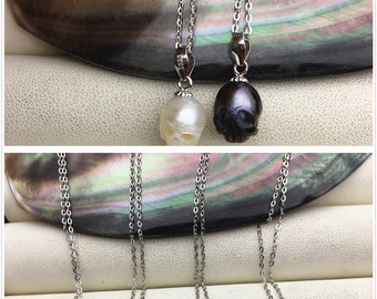 AAA 8mm white/pink/purple/gray/black handmade carved skull freshwater pearl pendant necklace,S925 Sterling silver pendant,NC1-012-9