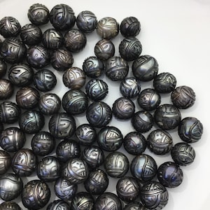1pc AA 10-14mm Green Black Near Round Carved Tahitian Pearl - Hand Cared - Tattoo Tahitian Pearls, carved pearls, through hole,CAC-FLW-9-3