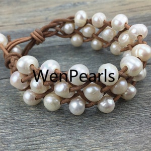 Three rows pearl bracelet,Leather Pearls Bracelet, Handmade Cuff,White Pearls on Brown Leather,Black leather bracelet,Le7-037