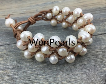 Three rows pearl bracelet,Leather Pearls Bracelet, Handmade Cuff,White Pearls on Brown Leather,Black leather bracelet,Le7-037